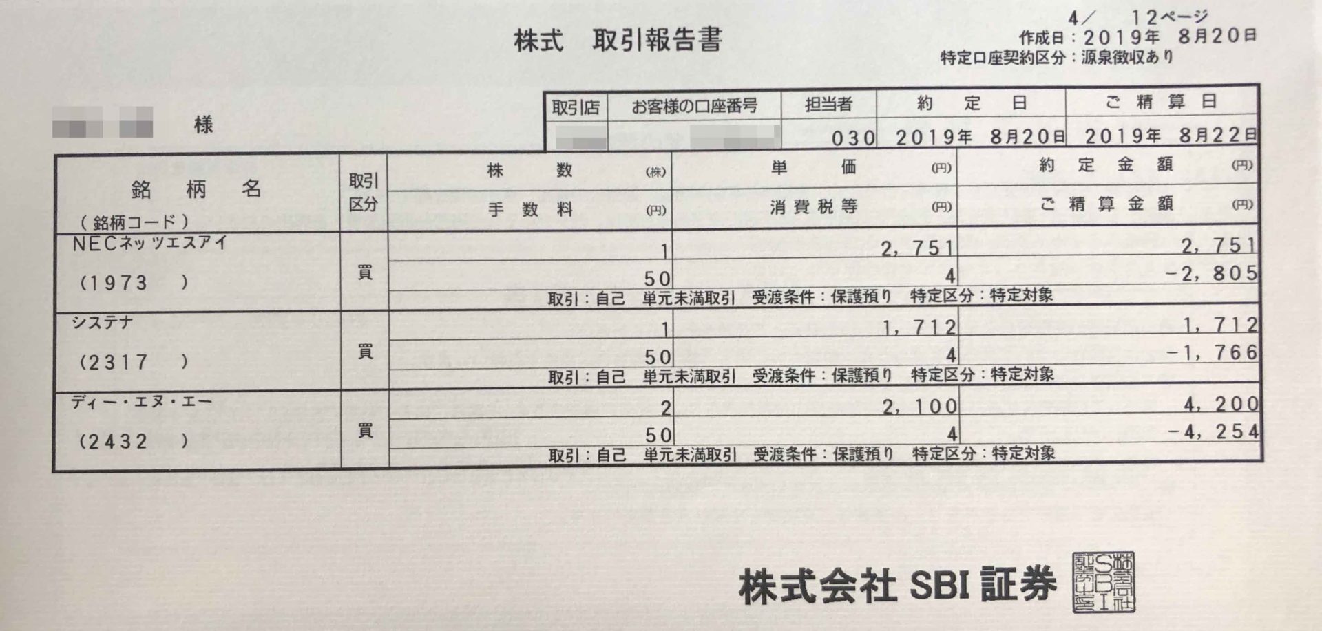 SBI証券「テーマ投資」の購入明細書